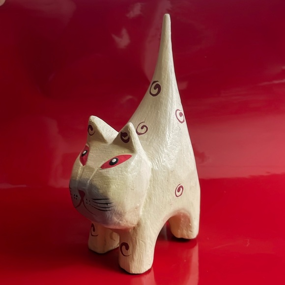 Tall Tail Kitty Cat Carved Wood Painted Folk Art Ring Holder Figurine‎ 5.2” - Picture 4 of 9